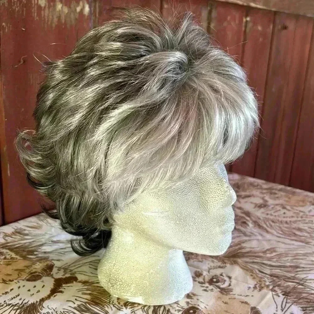 Vintage Wig Layered Mullet Shag Salt & Pepper Black & Silver Grey Unisex Costume